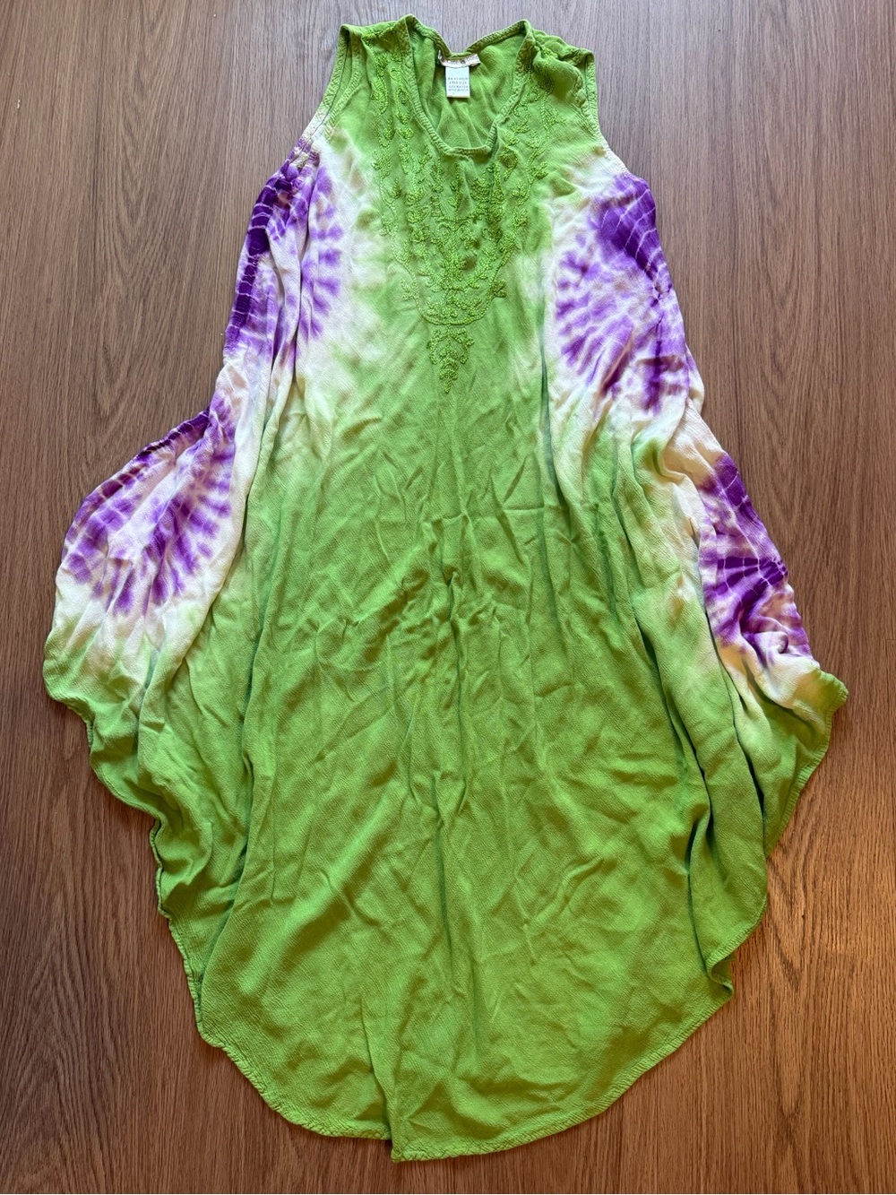 Cute Options Free Size Green Purple Tie Dye Embroidered Boho Rayon Maxi Dress